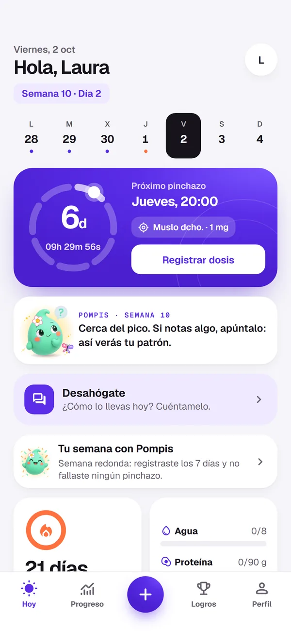 Pantalla Hoy de Glepi: semana 10, día 2, cuenta atrás para el próximo pinchazo y consejo de Pompis.