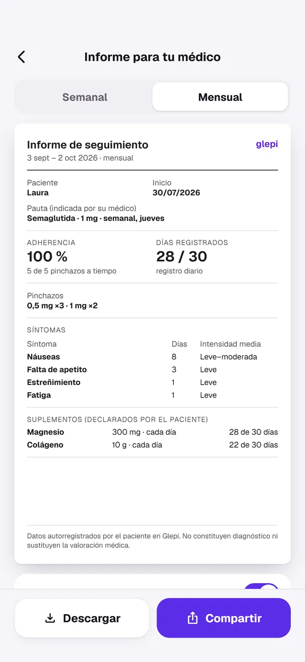 Informe para tu médico: adherencia, días registrados, síntomas y suplementos del mes.