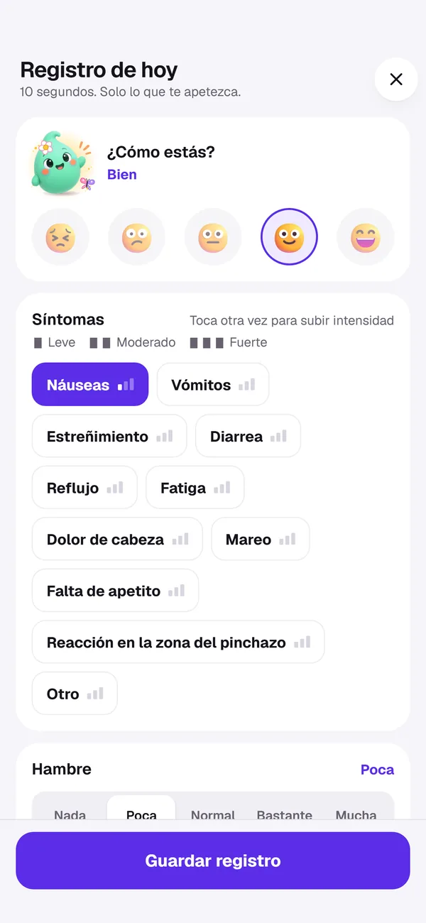 Registro de hoy: ánimo, síntomas con su intensidad y hambre.